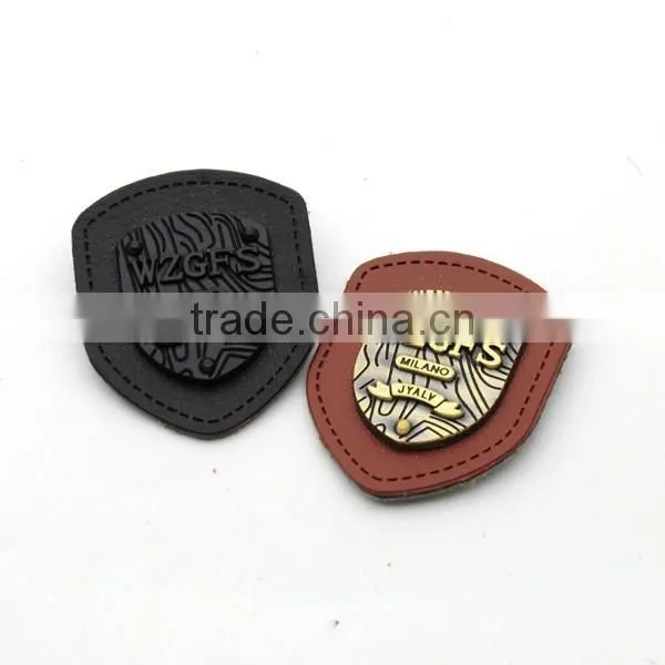 Black/brown PU Felt Leather Sew on Patches With Black/bronze Metal Plates Clothing Label for Jeans/jacket PLB-009 photo-2