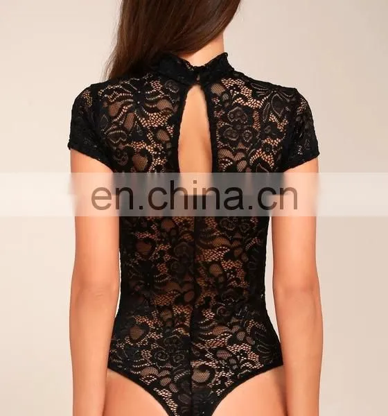 2017 Short Sleeve Black Slimming Lace Bodysuit for Women photo-5