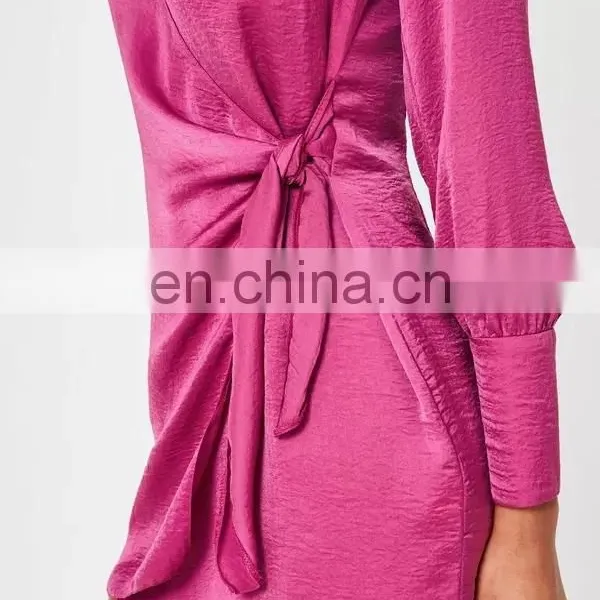 2017.ladies Casual Pink Satin Tie Side Collared Shift Dress Design photo-3