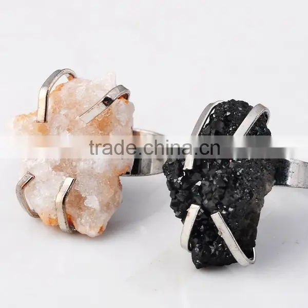 Natural Real Rough Drusy Black Agate Crystal Amethyst Rings Gemstone Ring With Adjustable Metal Women Finger Jewelry photo-3