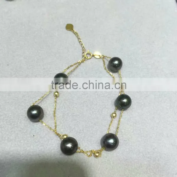 AAA 7.5-8mm Black Japanese Akoya Pearl With Gold Chain Bracelet photo-2