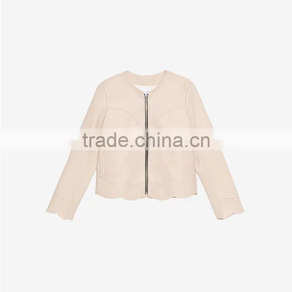 2017 Newest Simple Style Round Neck Wavy Hem Short Leather Jacket Women photo-6