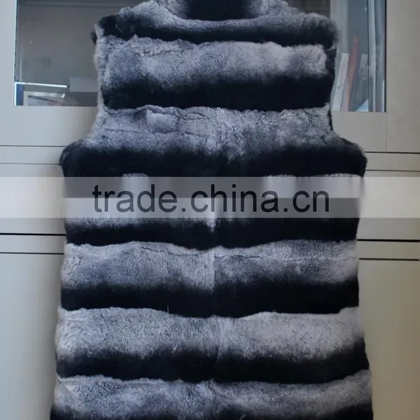 YR247 Genuine Rex Rabbit Chinchilla Dyed Fur Waistcoat Long Fur Gilet photo-4