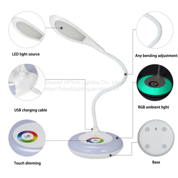 USB Rechargeable LED Desk Lamp Touch Switch White Color Lighting LED Reading Table Lamp With Colorful Night Light For Bedside photo-3