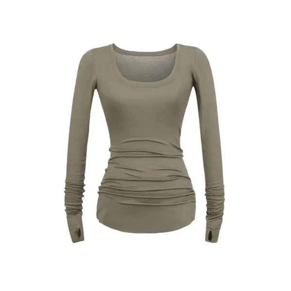 Solid Color Design Niche Long Sleeve Sleeve T-shirt Sexy Spice Girl Big U Collar Light Breathable Base Shirt photo-3