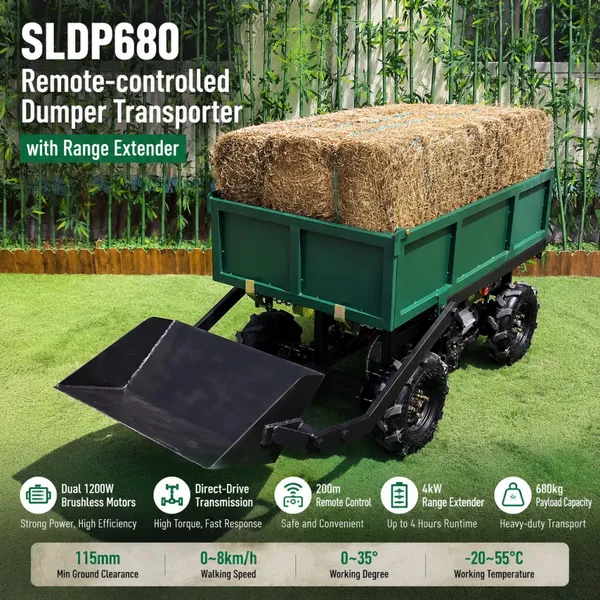 680kg Remote Control Mini Dumper Transporter SLDP680 with Dual Brushless Motors 4kW Range Extender for Agriculture Construction
