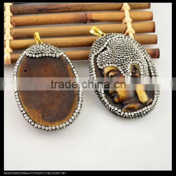 LFD-0090P ~ Wholesale Brown Ox Bone Buddha Head Oval Pendant Crystal Rhinestone Paved Charms Pendants Jewelry Finding photo-3