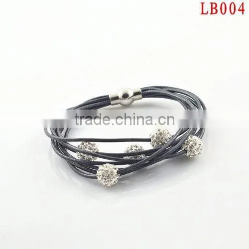 Black Leather With White Clear Pave Crystal Rhinestone