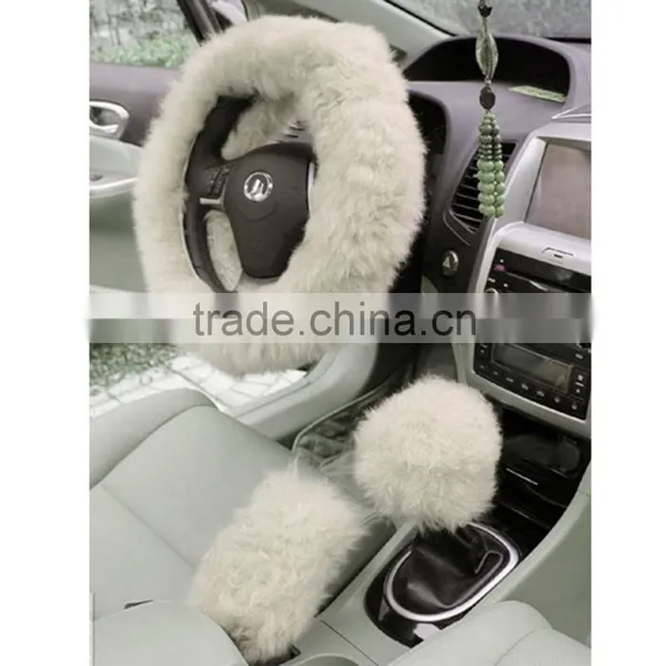 Charm Warm Long Wool Fur Plush Car Steering Wheel Cover Woolen Car Handbrake Accessory photo-2