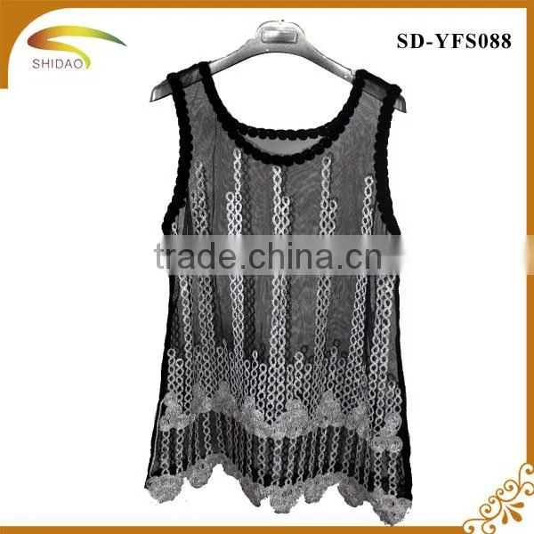 Latest Summer Loose Casual Fashion Crochet Lace Blouse Embroidered Lace Sleeveless Women Tops Blouse photo-6
