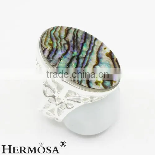 Precious Rainbow Real Abalone Shell 925 Sterling Silver Oval Big Stone Ring photo-2