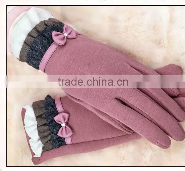 Elastic Cotton Touch Screen Gloves With Cute Ribbon Hotsale For Christmas 2015