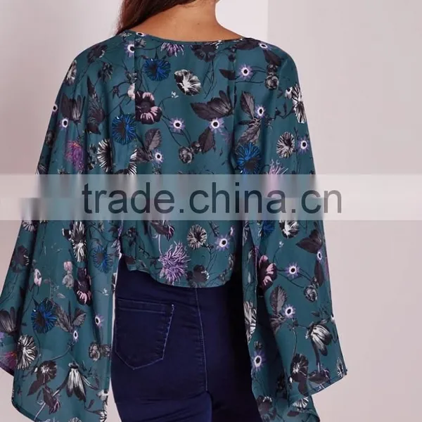 2016 Latest Fashion Design Lady Printed Cape Sleeve Tie Front Blouse photo-5