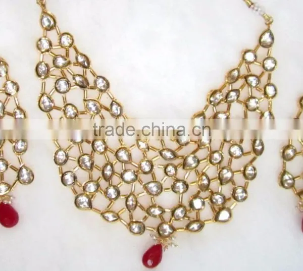 GOLD Kundan Meenakari Necklace Dangler EARRING Set photo-2