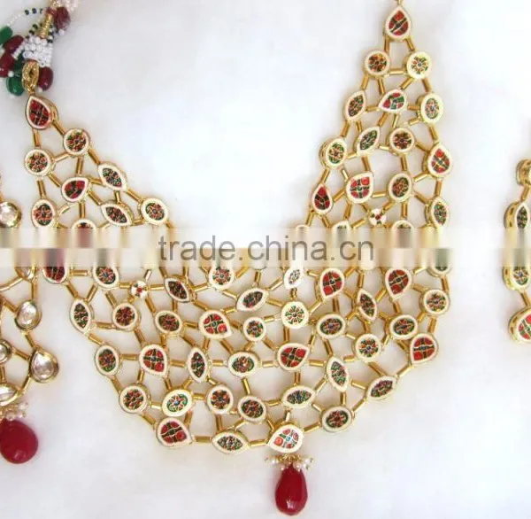 GOLD Kundan Meenakari Necklace Dangler EARRING Set photo-3