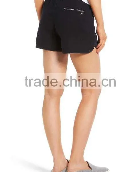 MGOO Hot Sale Women's Drawstring Linen Blend Jogging Pants Black Sport Shorts With Zipper Pockets photo-2