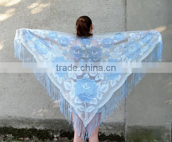 Metallic Lace Shawl, Long Fringe Scarf, Floral Scarf, Summer Shawl, Silver Shawl, Shawl With Roses photo-5