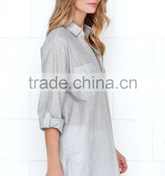 Loose Short Sleeve With Pocket Striped Design Lady Blouse photo-4