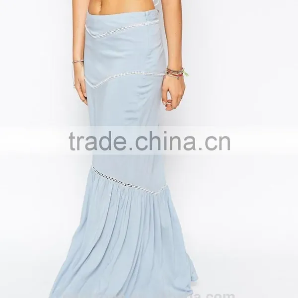 Embroidered Trim Fish Tail Hem Long Maxi Women Dress Wholesale Beach Skirt photo-5