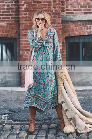 Lovely Vintage Bohemian Long Dres Cotton Gauze Gypsy Hippies Boho Animal Elephant Peacock Camel Print Gypsian Full Sleeves Tunic