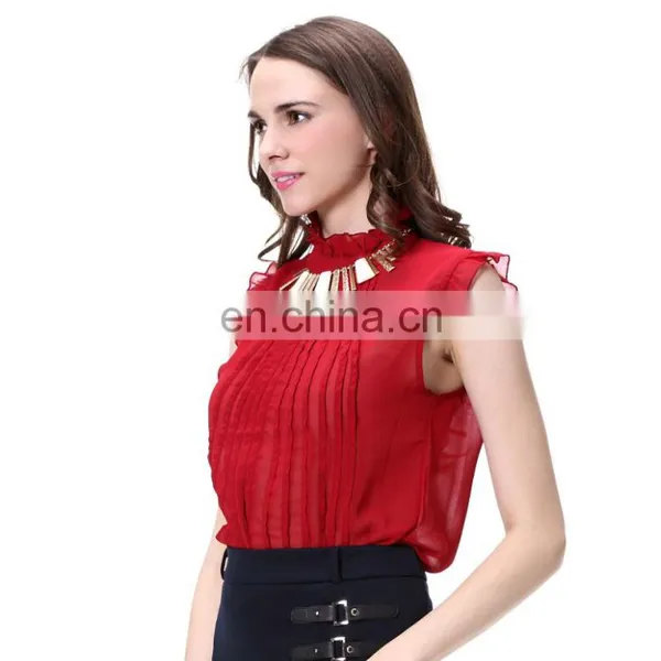 Dark Red Sleeveless Front Pleated Cape Collar Chiffon Blouse And Shirt Tops photo-5
