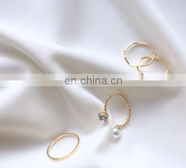 4PCS/Set Gold Plated Minimalist Pearl Diamond Mix Design For Women Knuckle Ring Set photo-6
