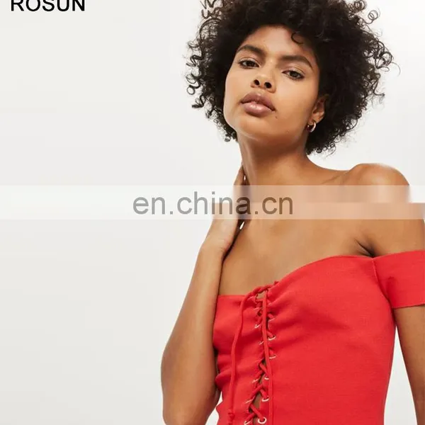 Ladies Lattice Front Knit Bardot Crop Top 2017 photo-2