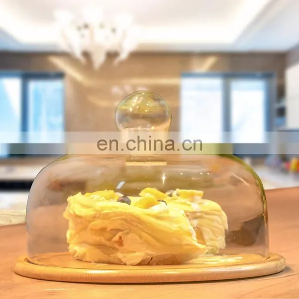 Flat Round Bamboo Cake Serving Plate Wood Dessert Stand Cheese Display With Dome Lid photo-3