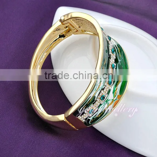 New Design Green Color Enamel Crystal 18k Gold Bangle Saudi Arabia Jewelry photo-3