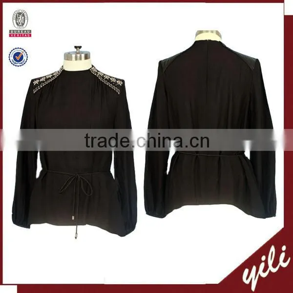 2016 Women Wear Beaded Shoulder Chiffon Long Sleeve Blouse Tops Blouse With Waistband