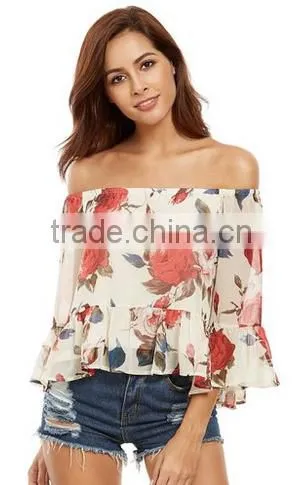 Women's Casual Floral Off Shoulder Chiffon Blouse Top photo-6