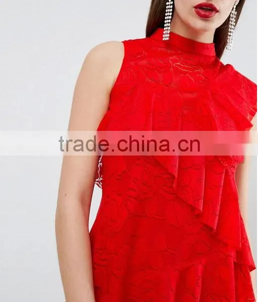 China Women Clothing Manufacturer Red Sexy Lace Ruffle Mini Dress photo-3
