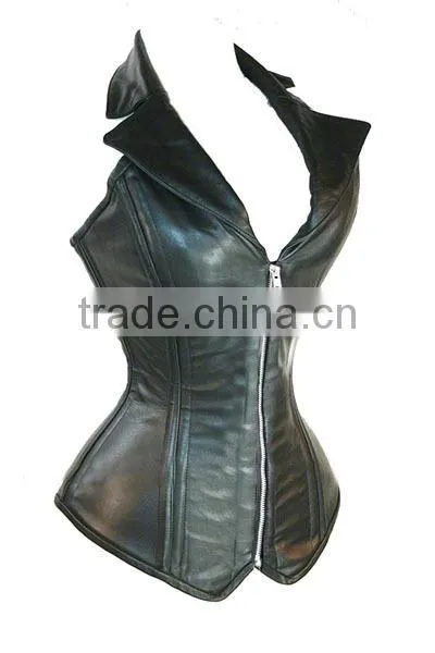 Women 16 Double Steel Bone Leather Fabrics Zippered With Thick Rope Tie Belt Overbust Shaper Corset photo-3