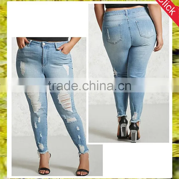 New Fashion Plus Size Disressed Skinny Ripped Jeans Pants for Fat Women
