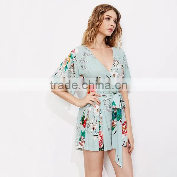 Rayon Floral Print Ladies Romper, Deep V-neck Sexy Half Sleeves Romper photo-3