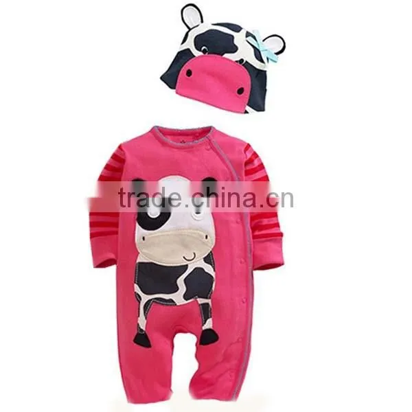 2pcs Autumn Cartoon Animal Pattern Long Sleeve Baby Romper With Hat photo-2