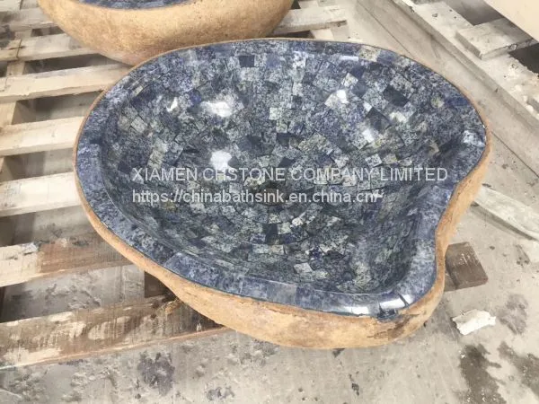 River Stone Bath SInk Fantasy Blue Marble Mosaic Wash Basin photo-3