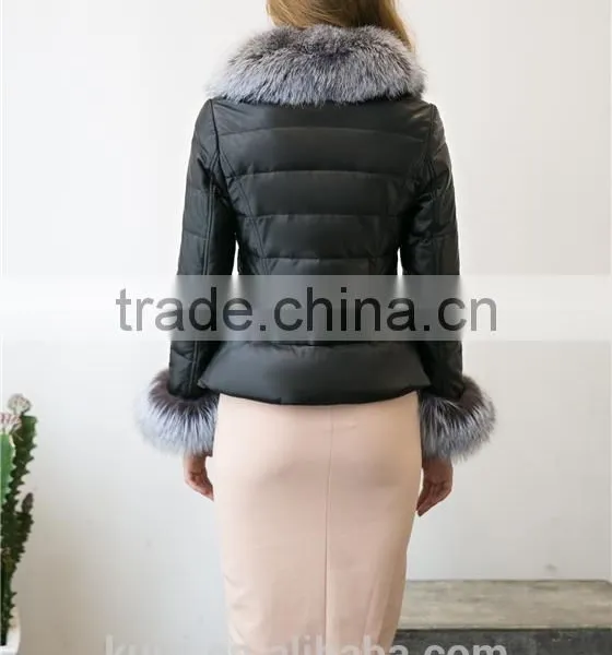 2016 New Women's Winter Fashion Imitation Faux Lether With Soft Faux Fox Fur Long Slim Fit Jacket Coat With Fox Fur Collar photo-4