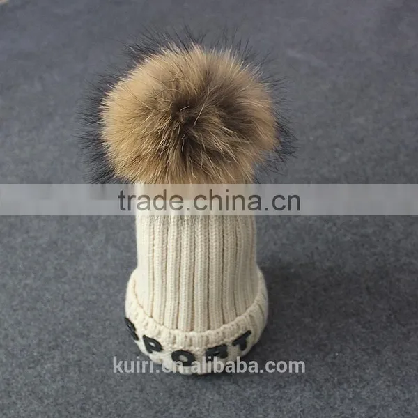 Womens Winter Cap Real Raccoon Fur Poms Hat With Plush Thicken Knit Cap Embroideried photo-2