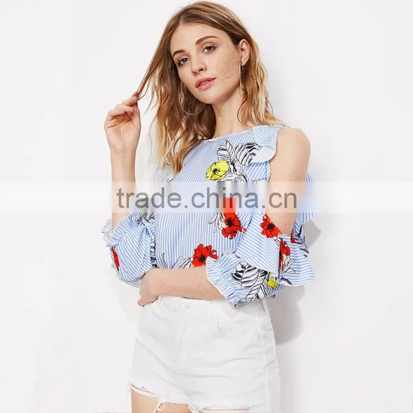 Frill Design Cold Shoulder Blue Stripe Top Ladies Floral Casual Blouse photo-3