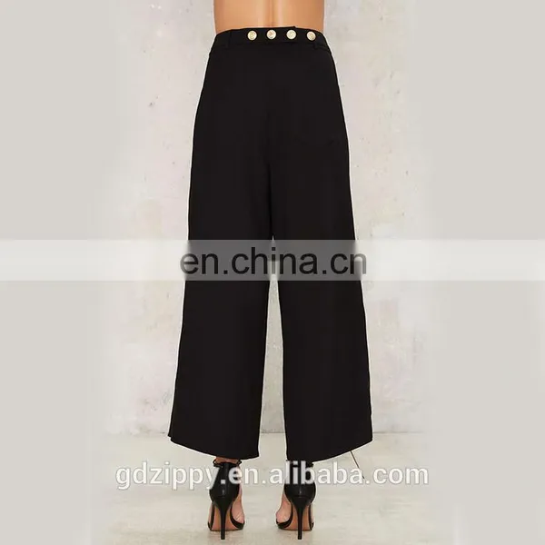 Wide Leg Palazzo Women's Pants With Gold Button Closure photo-3