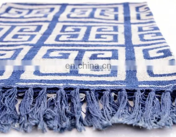 3 X 5 Ft Blue Cotton Block Print Accent Area Dhurrie Rug Flat Weave Hand Indian Handmade photo-2