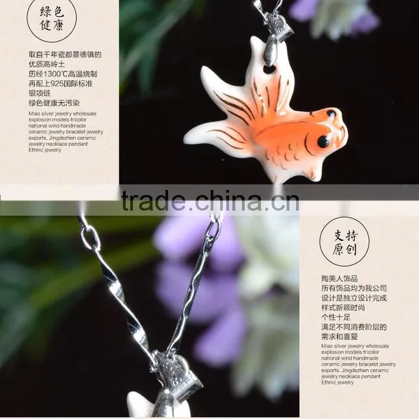Enamel Famille Rose Porcelain Glazed Hand Draw Fish Shape Pendant Necklace photo-4