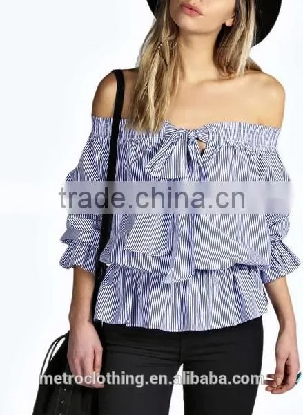 2015 China Manufacturer Customized Ladies the Latest Design Shoulder Striped Blouse