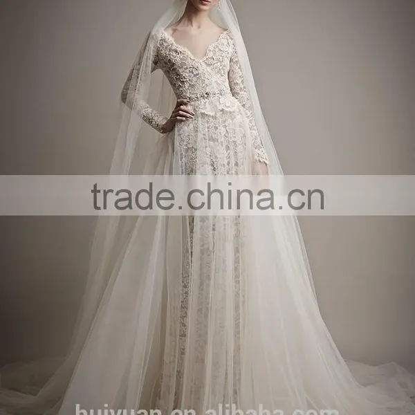 Flowing Tulle Full Lace Long Sleevecolorful Muslim Wedding Dress photo-2