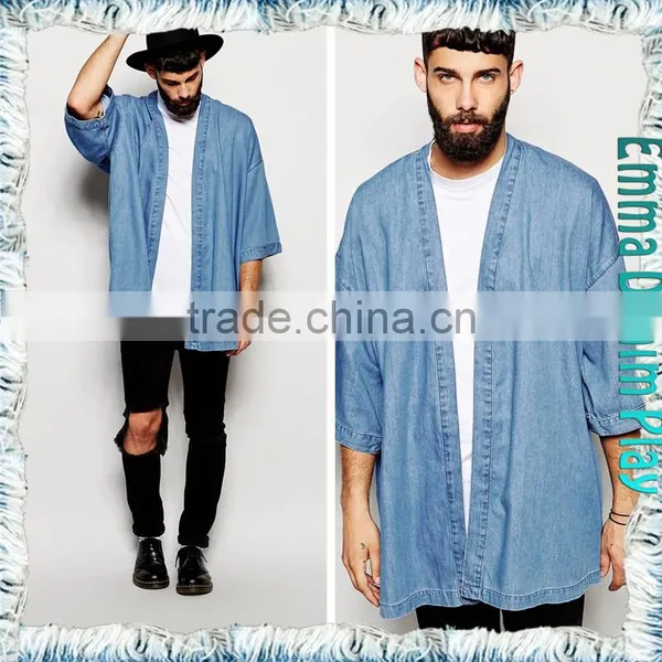 Light Blue Men Fashion Trend Chic Designer Short Sleeves Denim Long Jackets Coats photo-4