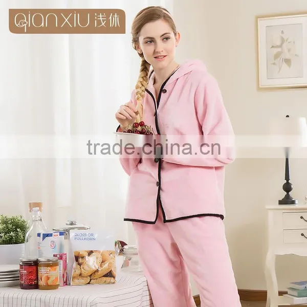 Perfect Qianxiu Cheap Hooded Design Pink Sexy Flannel Ladies Winter Nighty photo-2
