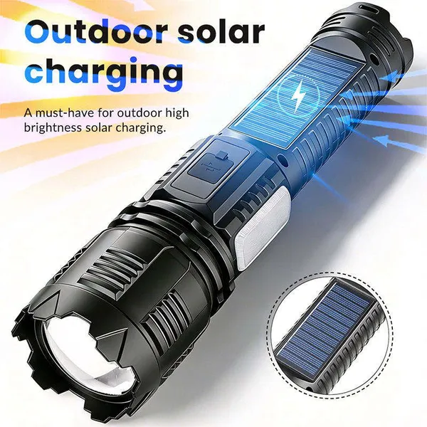 Wholesale Solar Powered Rechargeable LED Flashlight 800M Long Range 3600mAh Power Bank Telescopic Zoom Torch With Side Warning Light photo-5