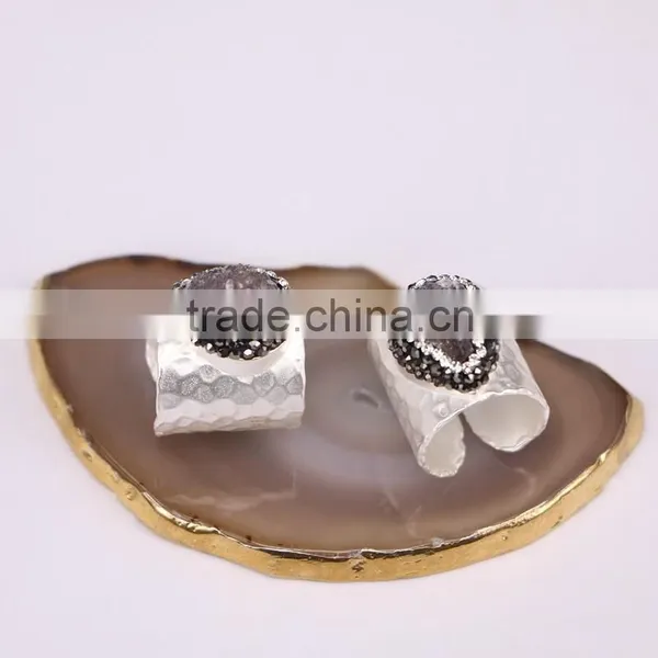 Nature Agate Quartz Rings, Metal Silver Plated Wide Band Crystal Zircon Paved Agate Druzy Ring Jewelry photo-3