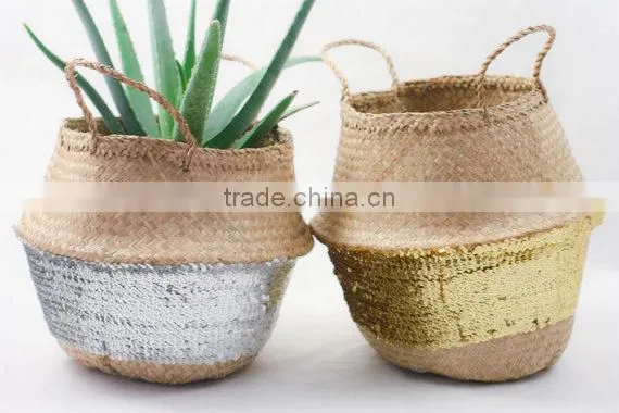 Silver Sequin Belly Basket, Seagrass Dipped Bottom Basket, Folding Basket photo-4